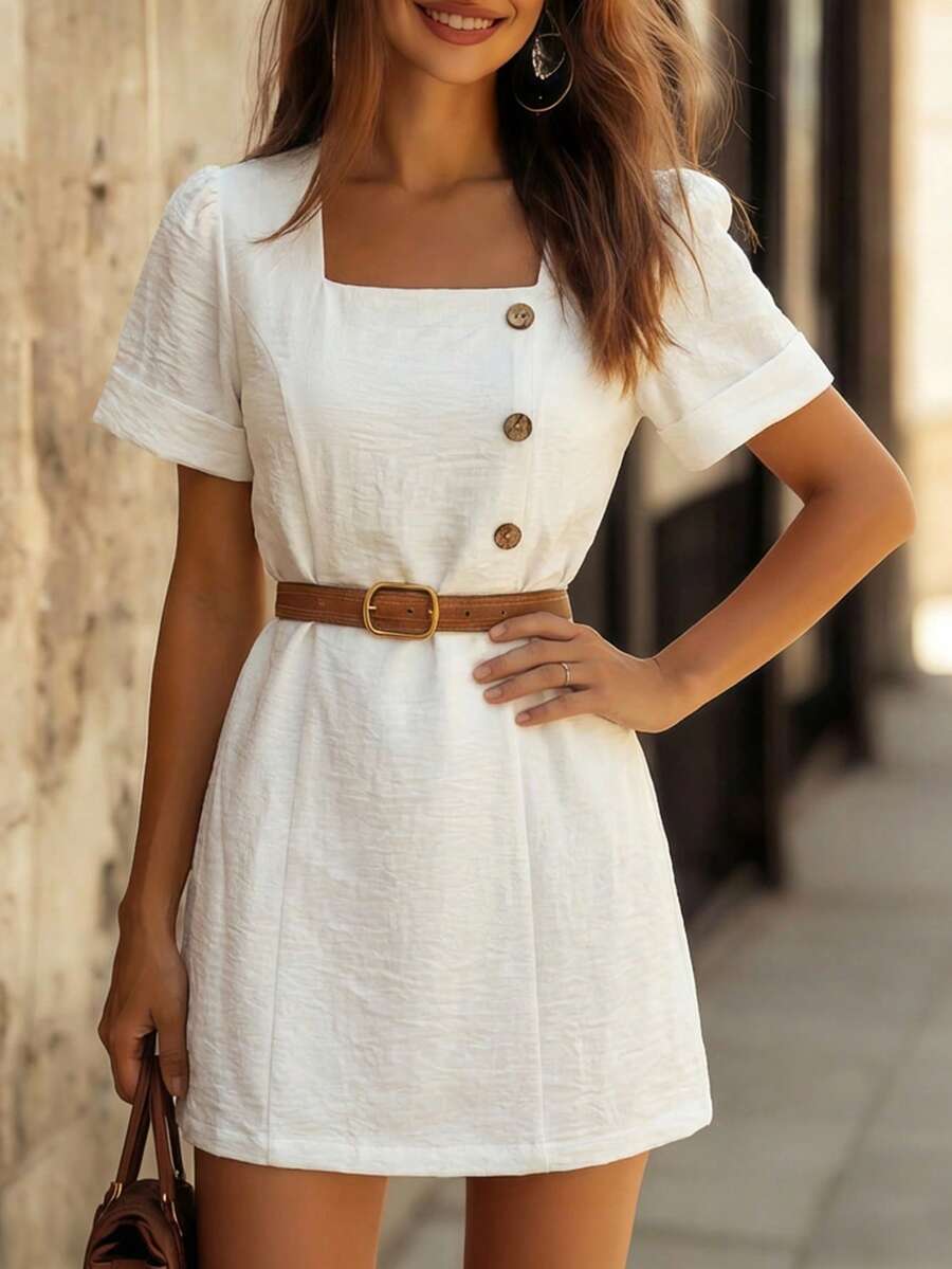 Balvessa White Square Neck Asymmetric Button Casual Mini Dress For Women - White - View 1