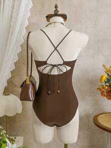 Swim SXY 纯色无钢圈细肩带露背高衩连体泳衣，优雅海滩度假风 - 咖啡棕 - 查看 5