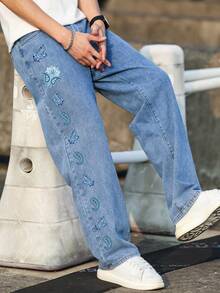 Manfinity Hypemode 男士高级腰果花数码印花牛仔裤 - 藍色 - 查看 6