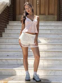 MainGRL Cute Sweet Women's Pink Plaid Lace Trim Cami, Adjustable Strap Back Smocked Ruffle Hem Design, Ideal For Summer Getaways, Garden Parties & Daily Wear, Retro Style 2026 New Spring/Summer - Pink - View 4