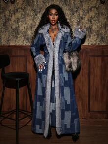 Slaydiva Women's Fur Collar Long Sleeve Long Denim Jacket, Fashion For Autumn/Winter - Blue - View 5