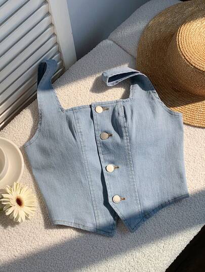 Comfortcana 女士纯色休闲无袖牛仔上衣