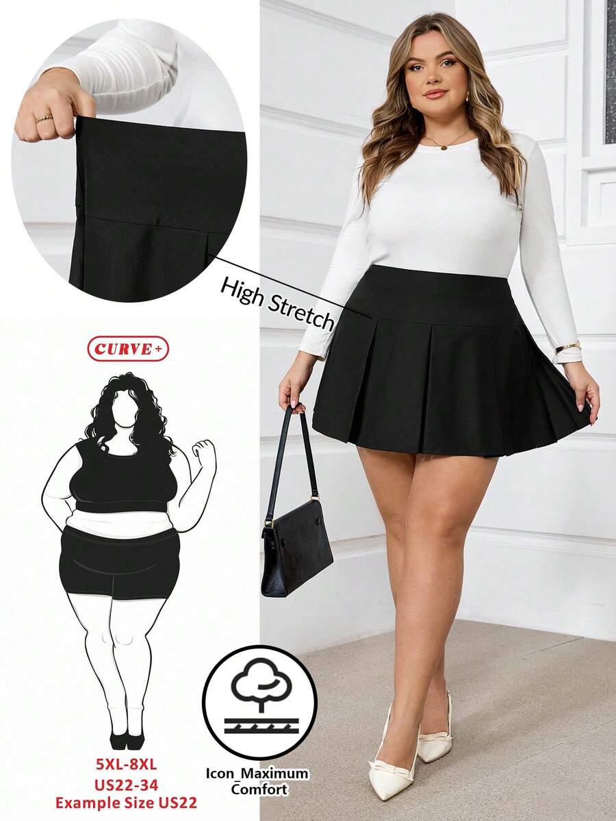 SHEIN CURVE+ 大码女式黑色宽褶裙/2026/新年 - 黑色 - 查看 1