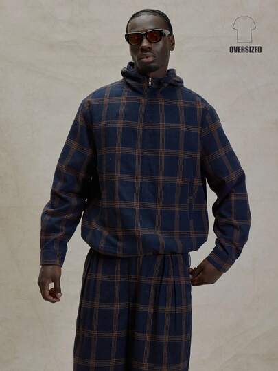 Musero 超大格纹长袖连帽弹力绳夹克法兰绒上衣 冬季必备