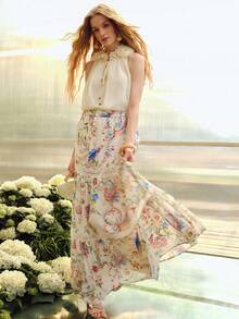 MOTF PREMIUM 女士浪漫玫瑰3D立体花卉V领抽绳无袖衬衫，春夏款 - 米色 - 查看 4