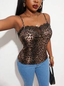 SHEIN SXY Women's Plus Size Leopard Print Satin Fabric Patchwork Lace Cami Top,Brown Summer Classy Country Night Out Club, Elegant Vintage Party - Multicolor - View 4