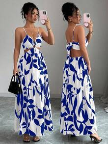 Elenzga petite Đầm maxi nữ kiểu dáng mới với họa tiết nơ và khoét lỗ, phong cách nghỉ mát. - Xanh và trắng - Xem 1