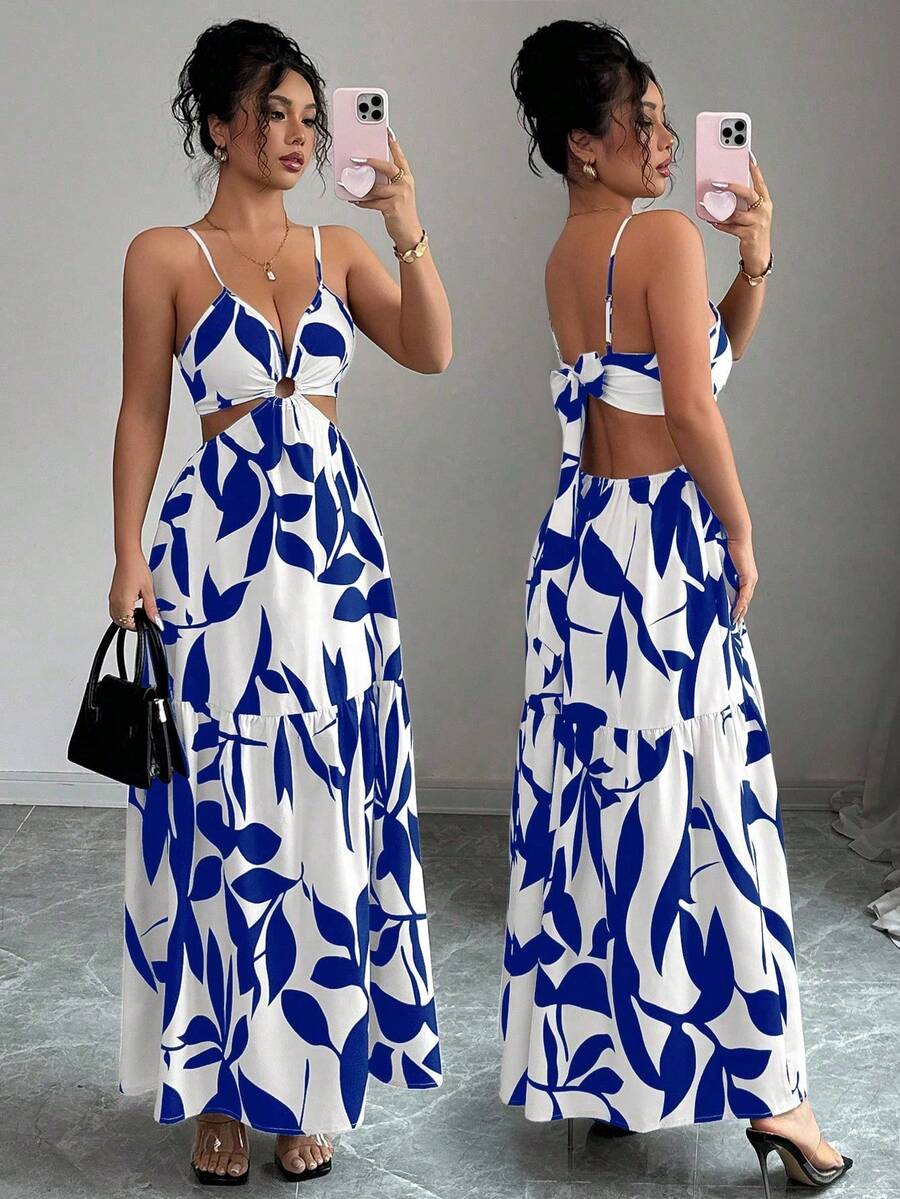 Elenzga petite Đầm maxi nữ kiểu dáng mới với họa tiết nơ và khoét lỗ, phong cách nghỉ mát. - Xanh và trắng - Xem 1