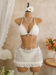 Bộ đồ bơi 3 món Swim Mod, áo bikini tam giác buộc dây cổ màu trơn với họa tiết hoa, trang trí vỏ sò ngọc trai, quần bikini buộc dây bên hông và chân váy xếp ly, bộ đồ bơi gợi cảm, bộ đồ bơi móc len mùa xuân/hè cho nữ, bộ bikini móc len ren cổ điển, bộ đồ Boho, bộ đồ đi biển 2 mảnh cho nữ, bộ đồ đi biển, bộ đồ phối hợp đi biển cho nữ, bộ đồ đi biển mùa hè cho nữ. - Màu be - Xem 5