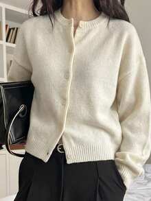 DAZY Áo khoác cardigan dệt kim tối giản màu trơn dành cho nữ - Màu be - Xem 6