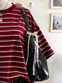 Lalippa Áo thun nữ dáng rộng, cổ tròn, vai rớt, in kỹ thuật số, kẻ sọc màu đỏ tía, phong cách thường ngày, thích hợp làm quà tặng cho bạn bè. - Nhiều màu - Xem 3