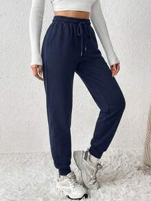 EURMUSE Solid Drawstring Waist Black Sweatpants - Navy Blue - View 3