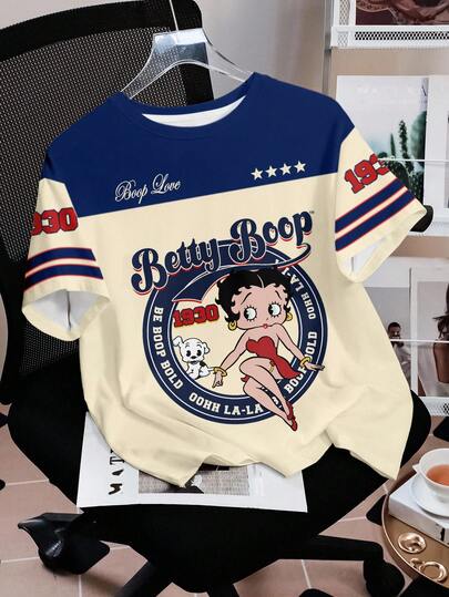 Betty Boop x SHEIN Women's Casual Colorblock Cartoon Letter Print Short Sleeve T-Shirt, Summer
