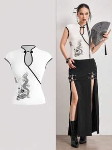 ROMWE Avant Spring/SummergraphicwhiteRetro New Chinese Style Mandarin Collar Dragon & Chinese Character Print Tight Fitted Top - Beige - View 9