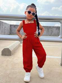 Mono sin espalda con cruce de tirantes y lazo para niñas jóvenes, ropa de calle casual y de moda - Rojo - Ver 4