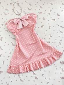 Elamini 女士休闲度假优雅日常百搭时尚外出粉色蝴蝶结装饰网纱波点印花抹胸迷你连衣裙，春夏款 - 粉色 - 查看 5