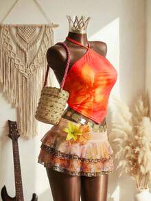 Elin Vora Áo kiểu nữ gợi cảm, cổ yếm, không tay, in họa tiết hoa nhiệt đới, thích hợp cho lễ hội âm nhạc, hẹn hò, đi biển. - trái cam - Xem 6