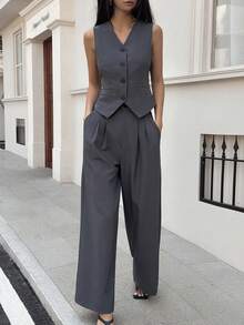 Livesso Women's Elegant Commuter Sleeveless Vest Top And Casual Pants 2 Pieces Set, Spring - Grey - View 3