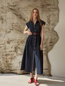 MOTF PREMIUM WOMEN'S CASUAL DENIM DRESS FOR COMMUTING, SPRING/SUMMER, BELT NOT INCLUDED - Blue - View 6