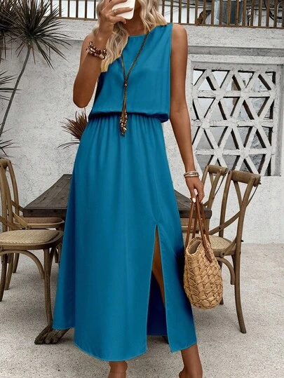 Breezaya Casual Women's Teal Blue Sleeveless Long Dress Round Neck A Line With Split Thigh Plain Semi Sheer Woven Fabric