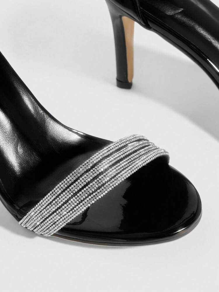 CUCCOO SZL Women's Pointed Toe High Heel Black Rhinestone Strap Ankle Strap Sandals, Fashionable Elegant Sexy For Party, Banquet, Date Spring Shoes Prom Heels Summer Shoes