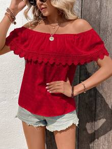 Breezaya 女士夏季休闲度假风纯色瑞士圆点荷叶边露肩撞色蕾丝上衣 红色露肩上衣 夏季上衣 女士红色夏季上衣 露肩上衣 露肩衬衫 红色休闲上衣 女士夏季上衣 夏季休闲上衣 女士夏季穿搭 女士露肩上衣 女士夏季上衣 夏季休闲上衣 - 紅色 - 查看 5