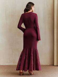 Anewsta High-End Cinched Waist Round Neck Random Water-Soluble Hollow Flower Splice Women's Long Dress, Christmas Dress, Party Dress, Elegant Dress, Valentine's Outfits For Women - Purple - View 3