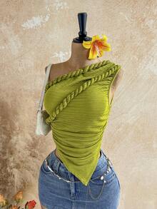 SHEIN WYWH Blusa de malha torcida com ombros assimétricos e modelagem justa, estilo boêmio, perfeita para férias e outono. Ideal para mulheres com estilo vintage e perfeito para as festas de fim de ano. - Verde - Ver 6