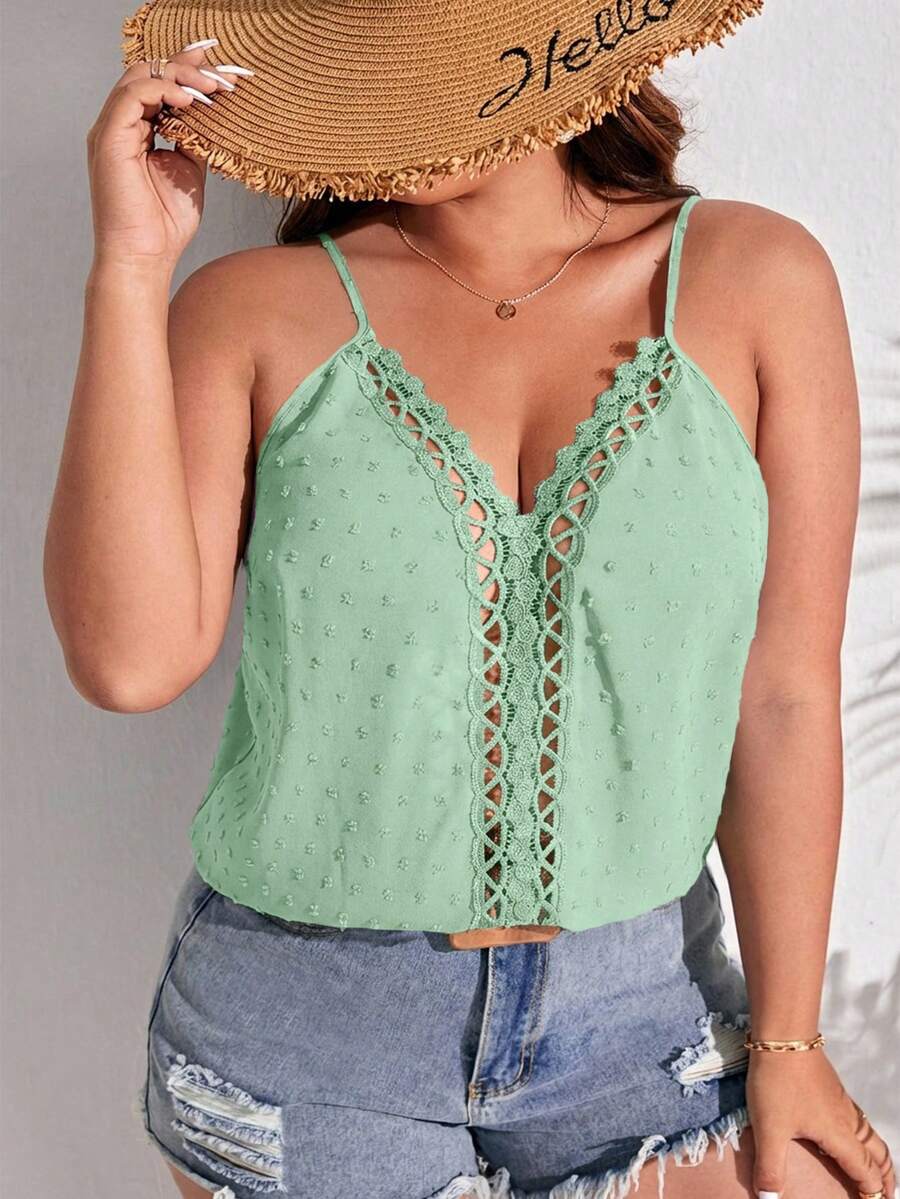 SHEIN Frenchy Plus Size Casual Solid Color Hollow Out Camisole - Mint Green - View 1