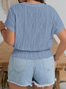 SHEIN Frenchy 大码休闲收腰圆领蝙蝠袖纹理T恤 - 藍色 - 查看 2