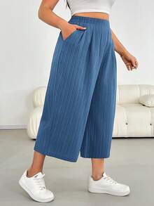 Shapeblank Pantalon large rose à taille élastique en tissu texturé, confortable et ample, pour femmes grandes tailles. Pantalon ample, style simple, européen, d'été, 7/8, pour vacances - Bleu azur - Voir 5