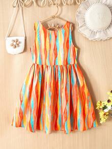 SHEIN Tween Mädchen Lässig ärmelloses Kleid aus gewebtem, farbigem Streifenstoff, Frühling/Sommer - Orange - Übersicht 2