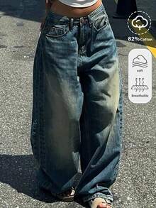 少女时尚休闲 Y2K 复古酷炫街头风返校学院风简约基础舒适怀旧蓝色宽松牛仔裤，适合少女日常穿着，柔软舒适，秋冬季适合参加锐舞派对、节日活动和居家穿着，街头风校园装，宽松牛仔裤 - 藍色 - 查看 1