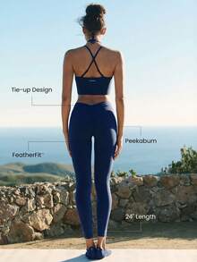 GLOWMODE 24" FeatherFit™ City Steps Buttery-Soft Sweat-Wicking Adjustable Drawstring Waist Peekbum Design No Front Seam Leggings Low Impact Yoga Studio Daily Active Wear - Dark Blue - View 2