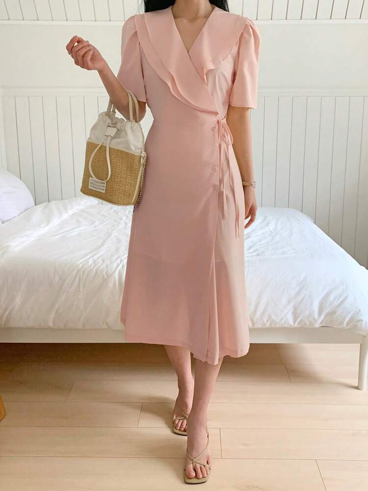 Women's Ruffle Waist Fitted Mid-Length Dress, Pink Sundress Summer