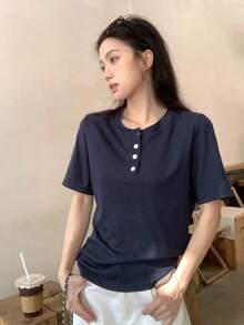 DAZY Áo thun tay ngắn dáng suông, màu trơn, cổ bẻ nửa thân, thích hợp mặc đi làm, mùa xuân/hè. - Màu xanh hải quân - Xem 8