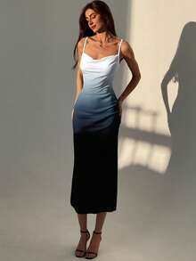 Aloruh 女士垂褶领渐变色修身中长吊带裙 - 藍色 - 查看 4