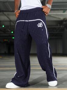 PAVTROS 男士字母图案撞色滚边抽绳腰带裤 男士宽松运动嘻哈裤 男士阔腿侧条纹健身裤 街头风裤子 - 藏蓝色 - 查看 4