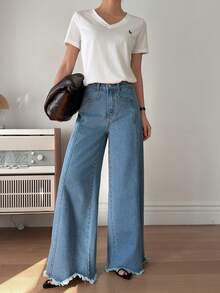 DAZY High Waist Raw Trim Wide Leg Jeans - Medium Wash - View 2