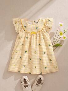 Souflis Souflis Đầm ngắn tay in họa tiết kẻ caro thắt nơ cho bé gái - Màu vàng - Xem 2