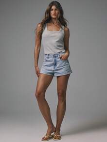 MUSERA Quần short denim cổ điển cạp trung, gấu quần xắn lên, kiểu dáng cơ bản mùa thu, phong cách đường phố dễ thương, thích hợp đi chơi, thường ngày, năng động, denim mùa xuân hè. - Rửa nhẹ - Xem 2