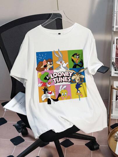LOONEY TUNES X SHEIN Camiseta de manga corta con estampado de dibujos animados, informal y de talla grande, para verano