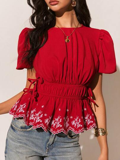 Poéselle Blusa con cuello redondo, mangas cortas abullonadas, cintura fruncida y lazo, con bordado floral para mujer