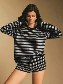 Poéselle 2 st kvinnor casual randig långärmad topp och shorts set - Svart - Visa 3