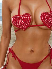 Swim SXY Summer New Solid Red Rhinestone Embellished Twist Side Sexy Heart Shaped Bikini Set, Custom Made For Valentine's Day Party Bikini With Charm Red Bikini Set Brazilian Bikini Set Bikini With Rhinestones Red Heart Bikini Bikini Red Cherry Bikini Bikini Sexy - Red - View 5