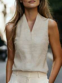 Balvessa 女士无袖V领优雅办公衬衫，春夏款 - 米色 - 查看 1