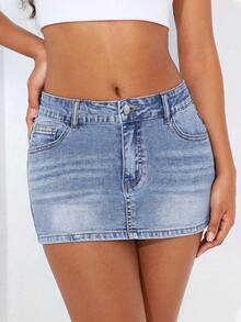 Flirla Jupe en jean mini élastique sexy et moulante de style cowgirl Y2K, printemps pour femmes grande taille - Jean clair - Voir 1