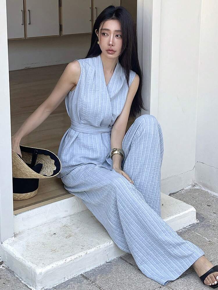 Women's Casual V-Neck Belted Vest And Wide Leg Pants 2 Pieces Set, Spring/Summer
