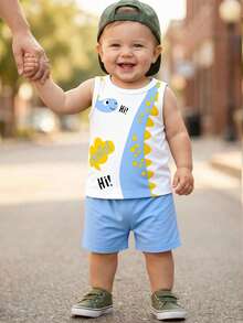 2pcs/Set Baby Boy Casual Cute Cartoon Dinosaur Print Vest Top And Solid Color Shorts Outfit, Blue & White Dinosaur Summer Set - Multicolor - View 4