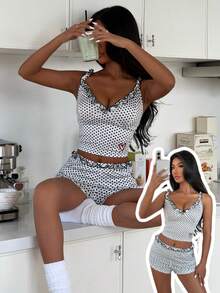 SHEIN Women's Polka Dot Heart Embroidery Camisole And Frill Trim Shorts Pajama Set - White - View 1